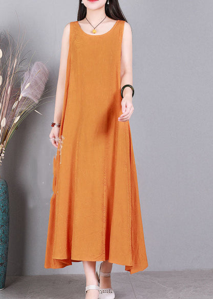 Orange O-neck Color Linen Long Dress Sleeveless