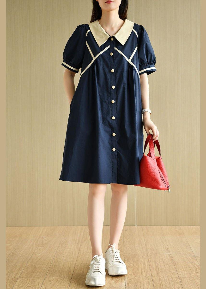 Navy Peter Pan Collar Button Summer Cotton Dress Short Sleeve