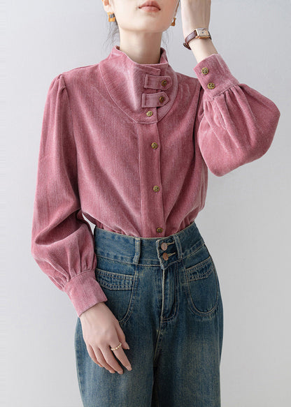 French Rose Stand Collar Button Velour Top Spring