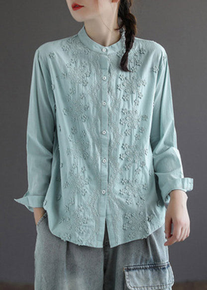 White Stand Collar Embroideried Button Cotton Shirt Long Sleeve