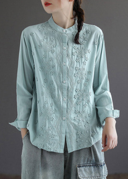 White Stand Collar Embroideried Button Cotton Shirt Long Sleeve