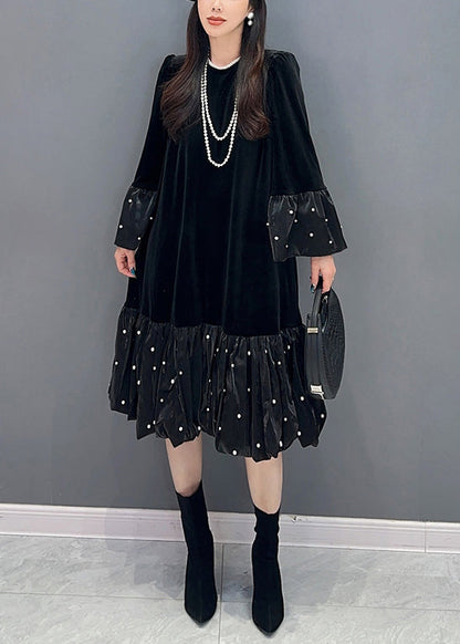 Black Zircon Patchwork Silk Velour Dress O Neck Long Sleeve