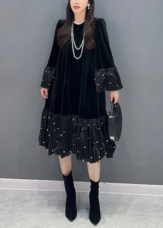 Black Zircon Patchwork Silk Velour Dress O Neck Long Sleeve