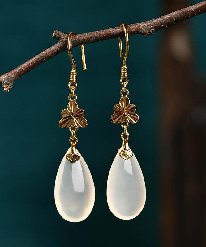 Retro White Ancient Gold Descendants of Royal Families Chalcedony Drop Earrings