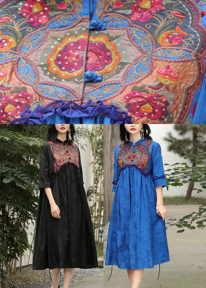 Blue Stand Collar Embroideried Drawstring Satin Dress Long Sleeve