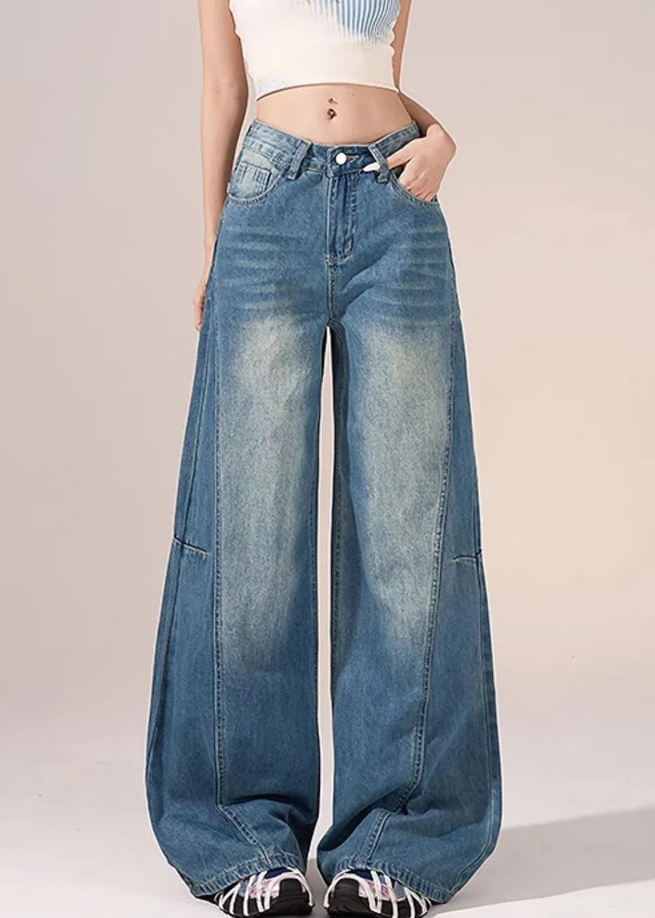 French Blue Pockets Lace Patchwork Denim Pants Spring