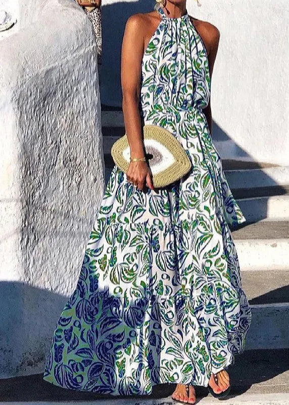 Italian Green Backless Print Cotton Maxi Halter Dresses Summer