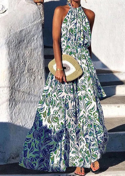 Italian Green Backless Print Cotton Maxi Halter Dresses Summer