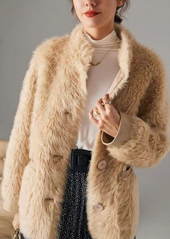 Fitted White Pockets Button Leather and Fur Coats Long Sleeve
