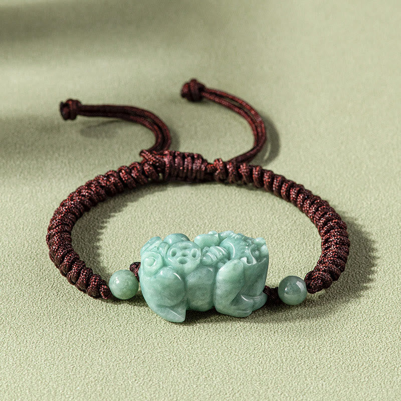 Buddha Stones Handmade Natural Jade Pixiu Protection King Kong Knot Braided String Bracelet