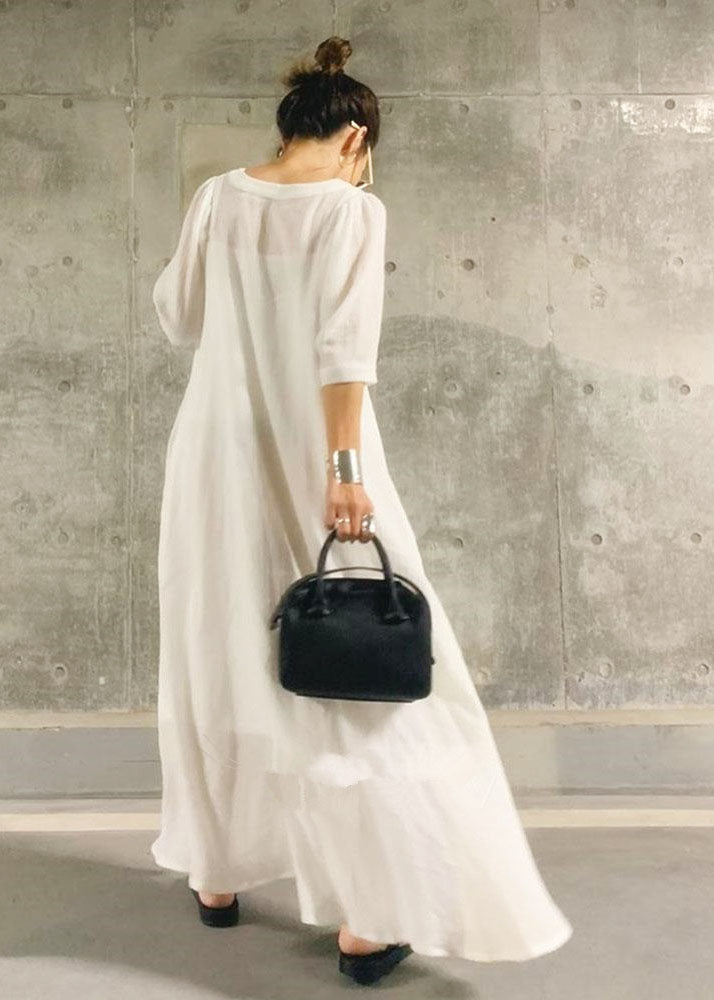 Simple White O-neck Patchwork Cotton Two Piece Set Summer