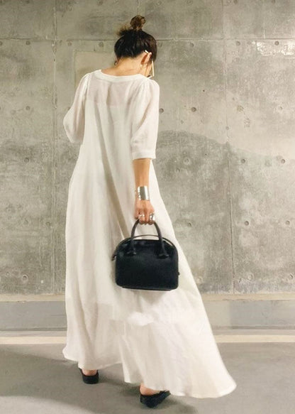 Simple White O-neck Patchwork Cotton Two Piece Set Summer