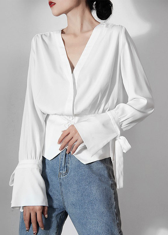 Original Design White V Neck Tunic Cotton Shirts Long Sleeve Spring