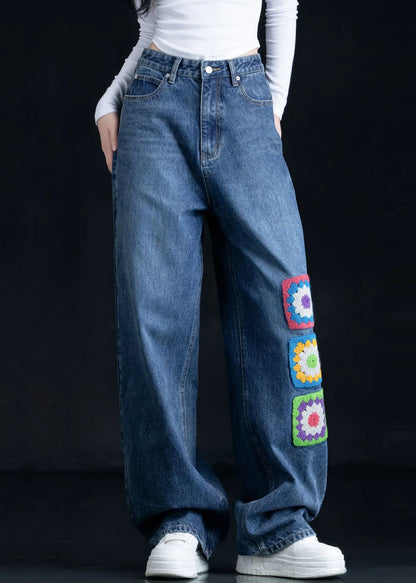 Blue Embroidered Pockets Denim Straight Pants Fall