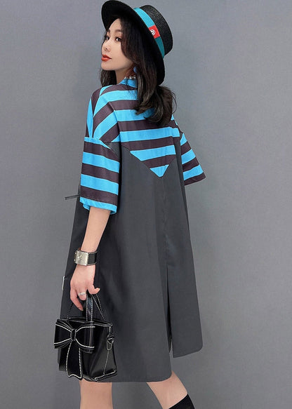 Style Dark Grey O-neck Cartoon Print Striped Patchwork Dresses Short Sleeve