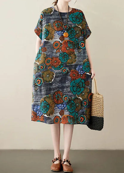 Loose Peacock Blue O Neck Pockets Print Patchwork Cotton Dresses Summer