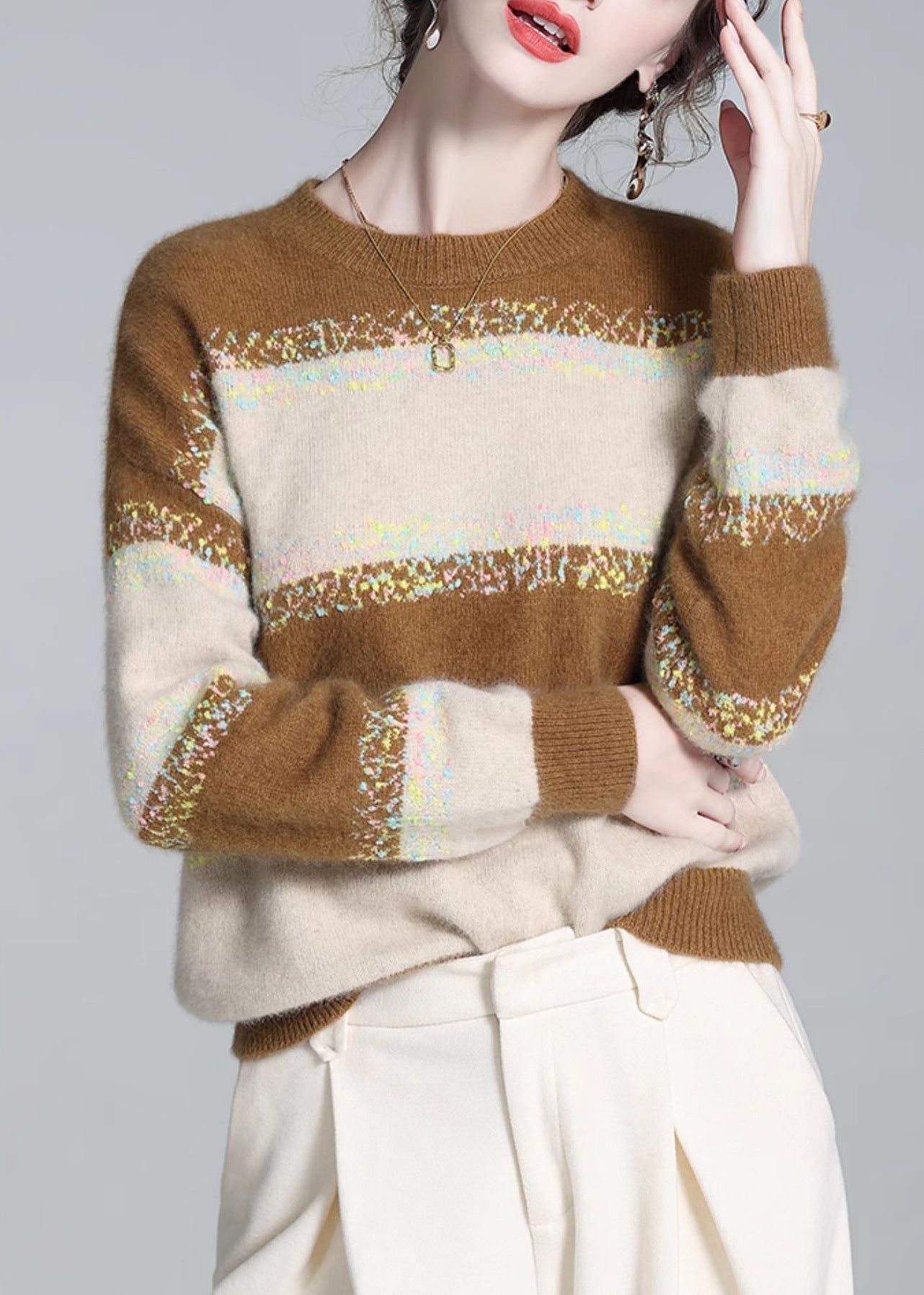 Yellow O Neck Striped Cashmere Knit Sweaters Winter