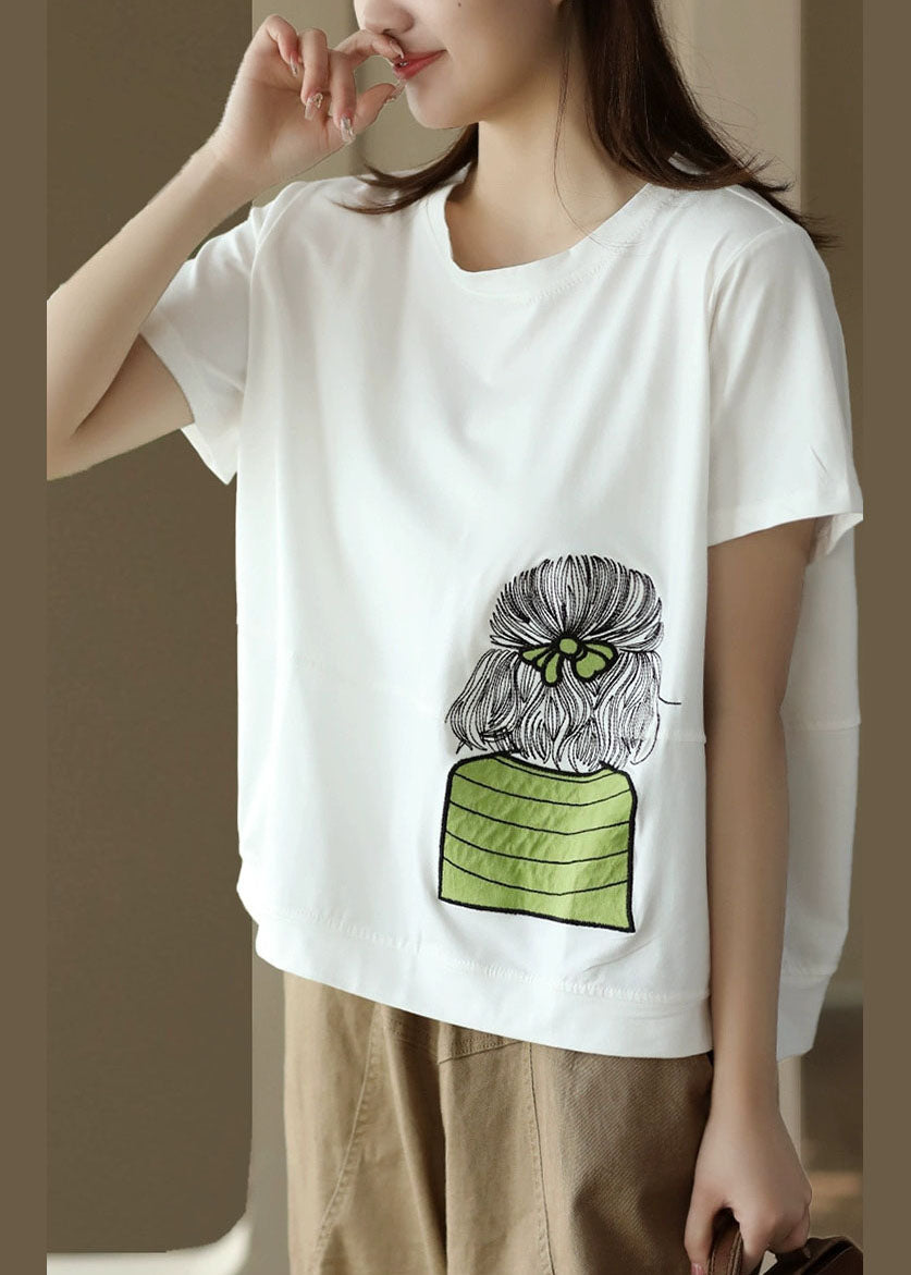 White O-neck Embroideried Patchwork Cotton Top Summer
