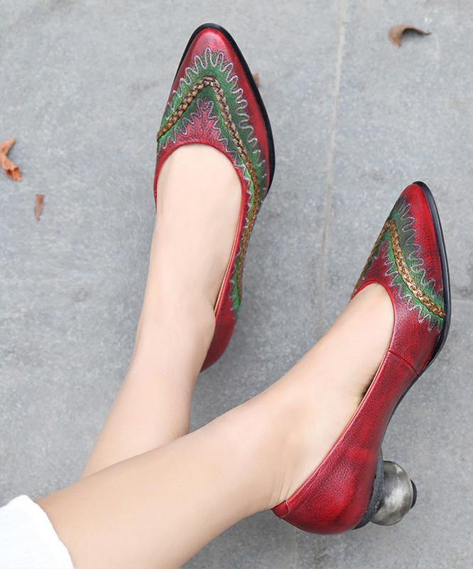 Red High Heels Chunky Genuine Leather Pointed Toe High Heels