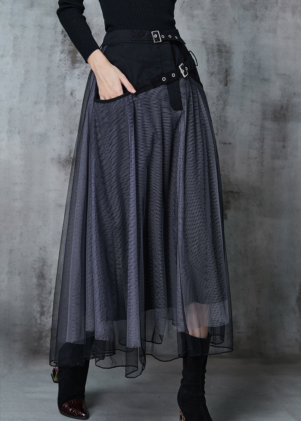 Grey Exra Large Hem Patchwork Tulle Pleated Skirt Spring