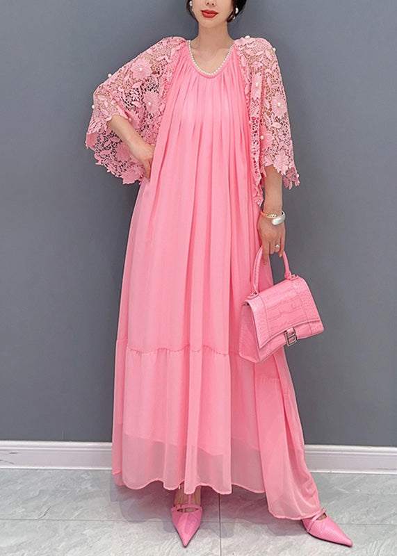 Pink O-neck Lace Patchwork Nail Bead Chiffon Long Dress Summer