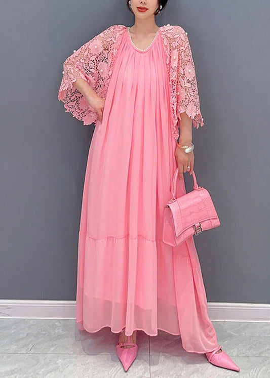 Pink O-neck Lace Patchwork Nail Bead Chiffon Long Dress Summer