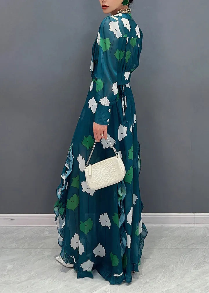 Modern Green V Neck Print Tunic Chiffon Top and Maxi Skirts Two Pieces Lantern Sleeve
