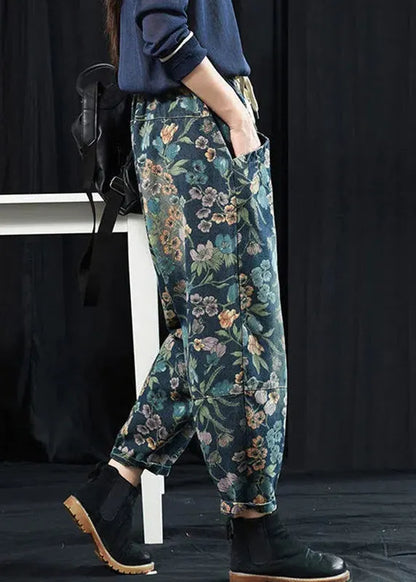 Print Pockets High Waist Denim Crop Pants Spring