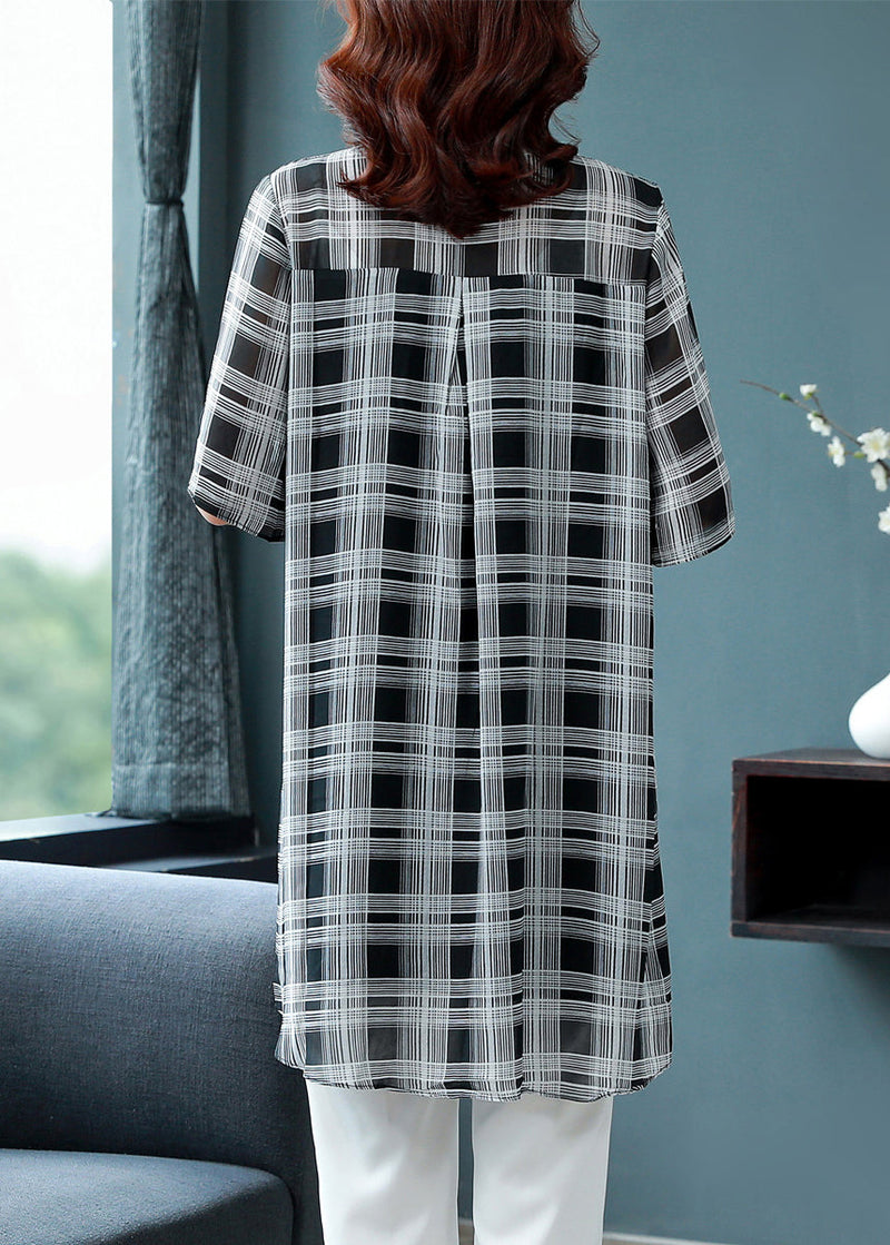 Classy Peter Pan Collar Button Wrinkled Plaid Chiffon Blouses Half Sleeve
