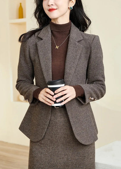 French Coffee Notched Pockets Cotton Coats Winter