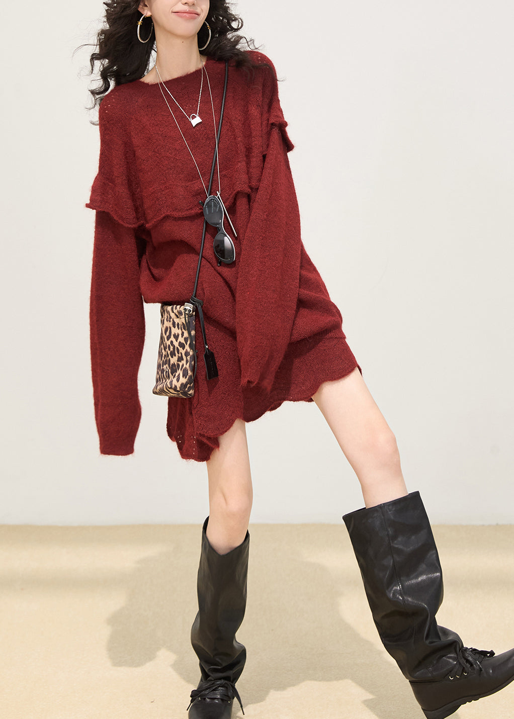 Grey Ruffled Patchwork Knit Pullover Winter