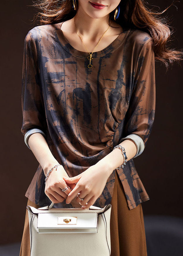 Coffee Print Asymmetrical Wrinkled Top Long Sleeve