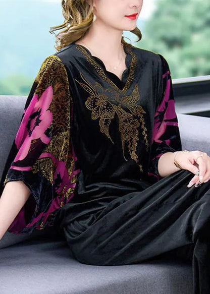 Rose Print Silk Velour Tops and Pants Two Pieces Set V Neck Batwing Sleeve