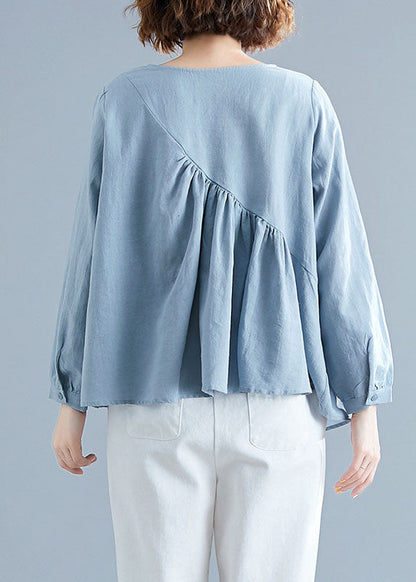 Loose Blue O-neck Pockets Patchwork Fall Long Sleeve Top