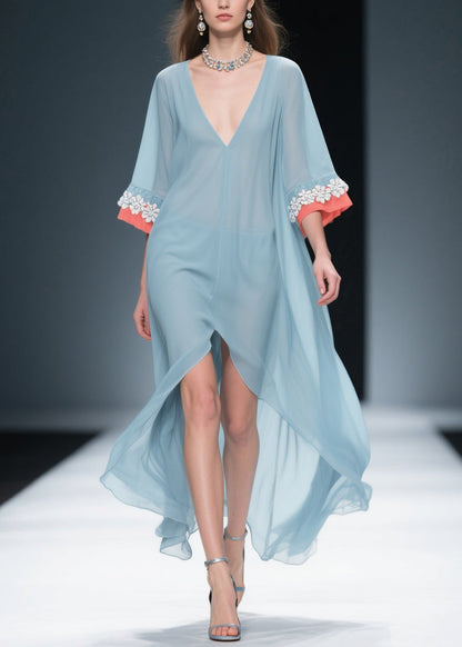 New Blue Low High Design Patchwork Chiffon Dresses Bracelet Sleeve