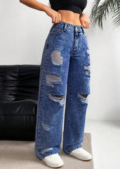 Dark Blue High Waist Ripped Wide Leg Denim Pants Spring