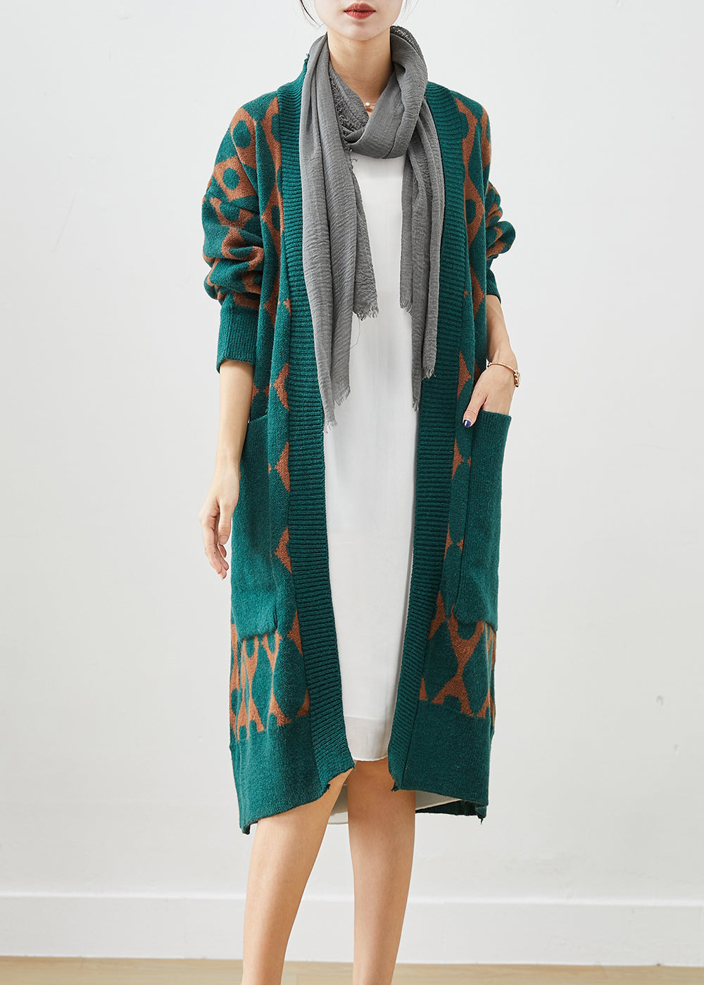 Green Oversized Patchwork Pockets Knit Cardigan Fall