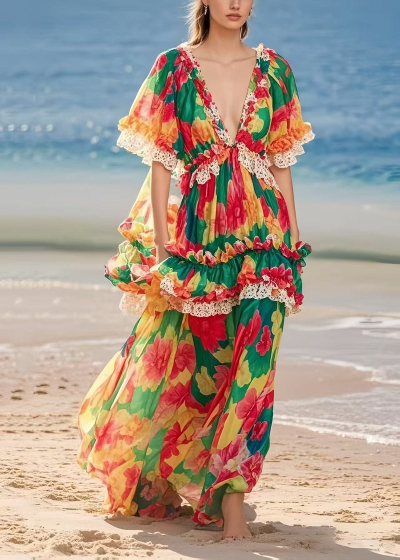 Ruffled Print Chiffon Beach Dresses Summer