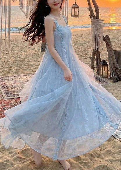 Modern Blue Patchwork Butterfly Holiday Tulle Long Dress Summer