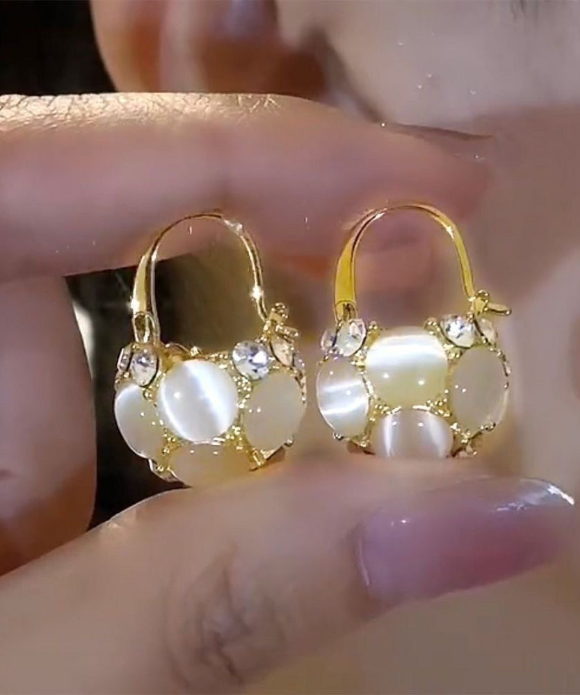 Gold Sterling Silver Overgild Cat Eye Stone Flower Basket Hoop Earrings