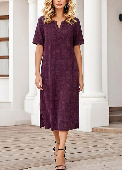 Purple Print Patchwork Silk Long Dress Short Sleeve