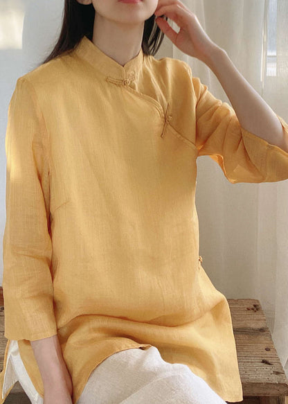 Yellow Stand Collar Button Cotton Shirt Tops Spring