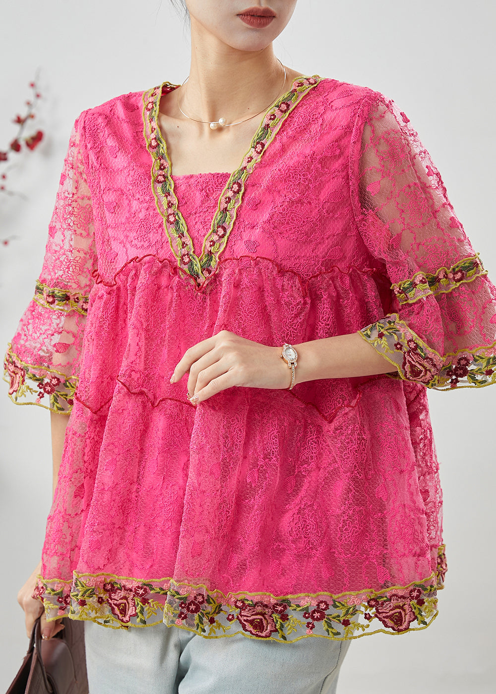 Pink Ruffled Lace a Line Shirt Tops Summer