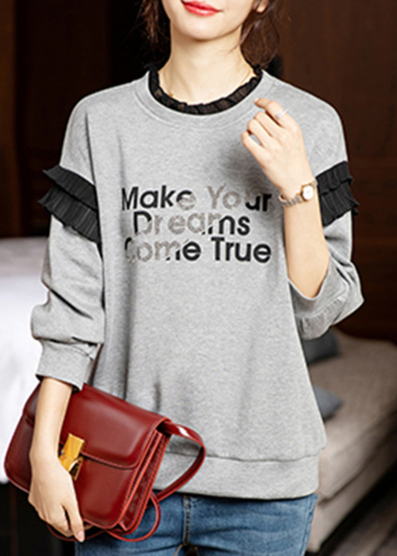 Grey Ruffled Print Patchwork Cotton Sweatshirts Long Sleeve