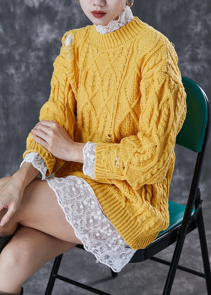 Modern Yellow Thick Knit Ripped Sweater and Lace Dress Two Pieces Set Winter