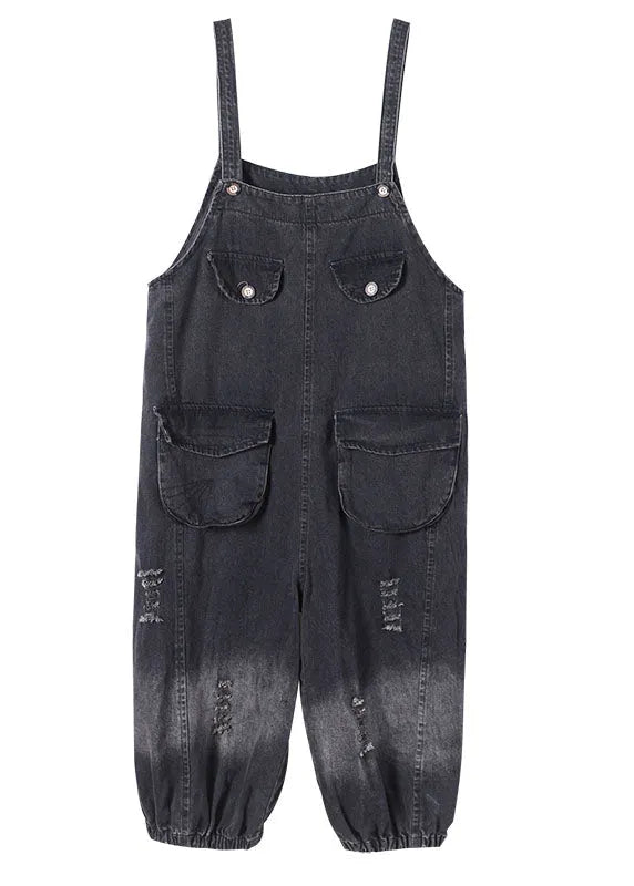 Black Pockets Button Fall Hole Denim Outfits Rompers