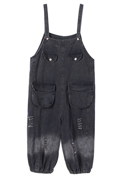 Black Pockets Button Fall Hole Denim Outfits Rompers