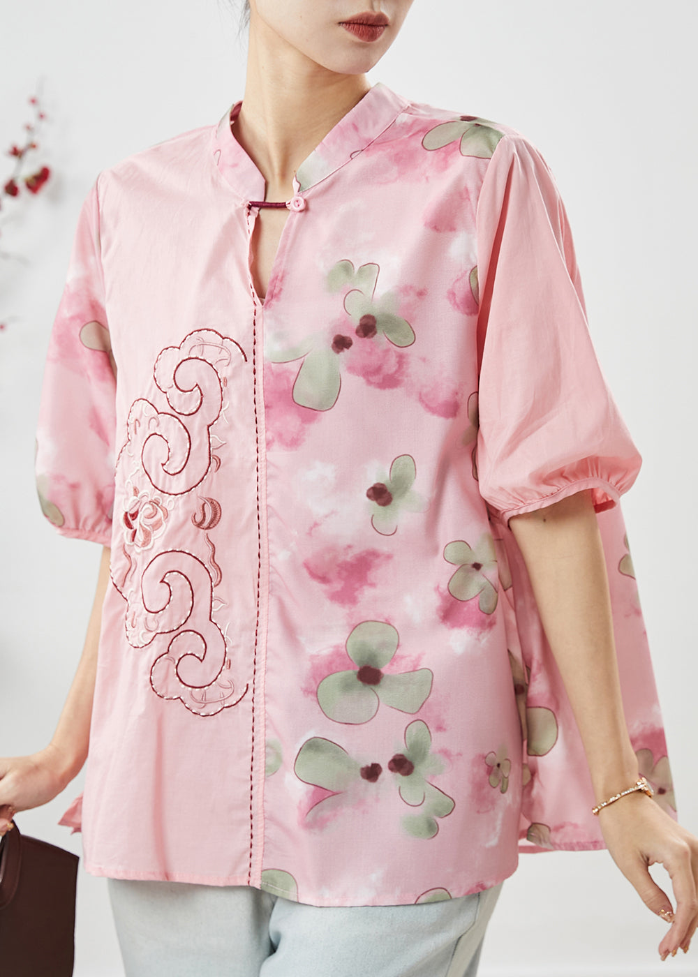 Diy Pink Embroidered Print Linen Blouses Summer