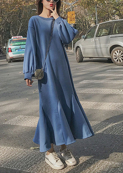 Loose Blue O-neck Patchwork Long a Line Dress Fall