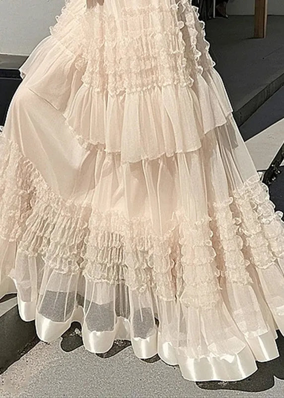 Apricot Ruffled Elastic Waist Tulle Maxi Skirts Summer
